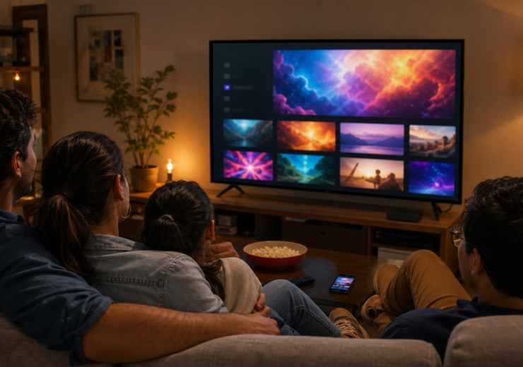Familia observa contenido de video en una televisión conectada a internet en una imagen editorial
