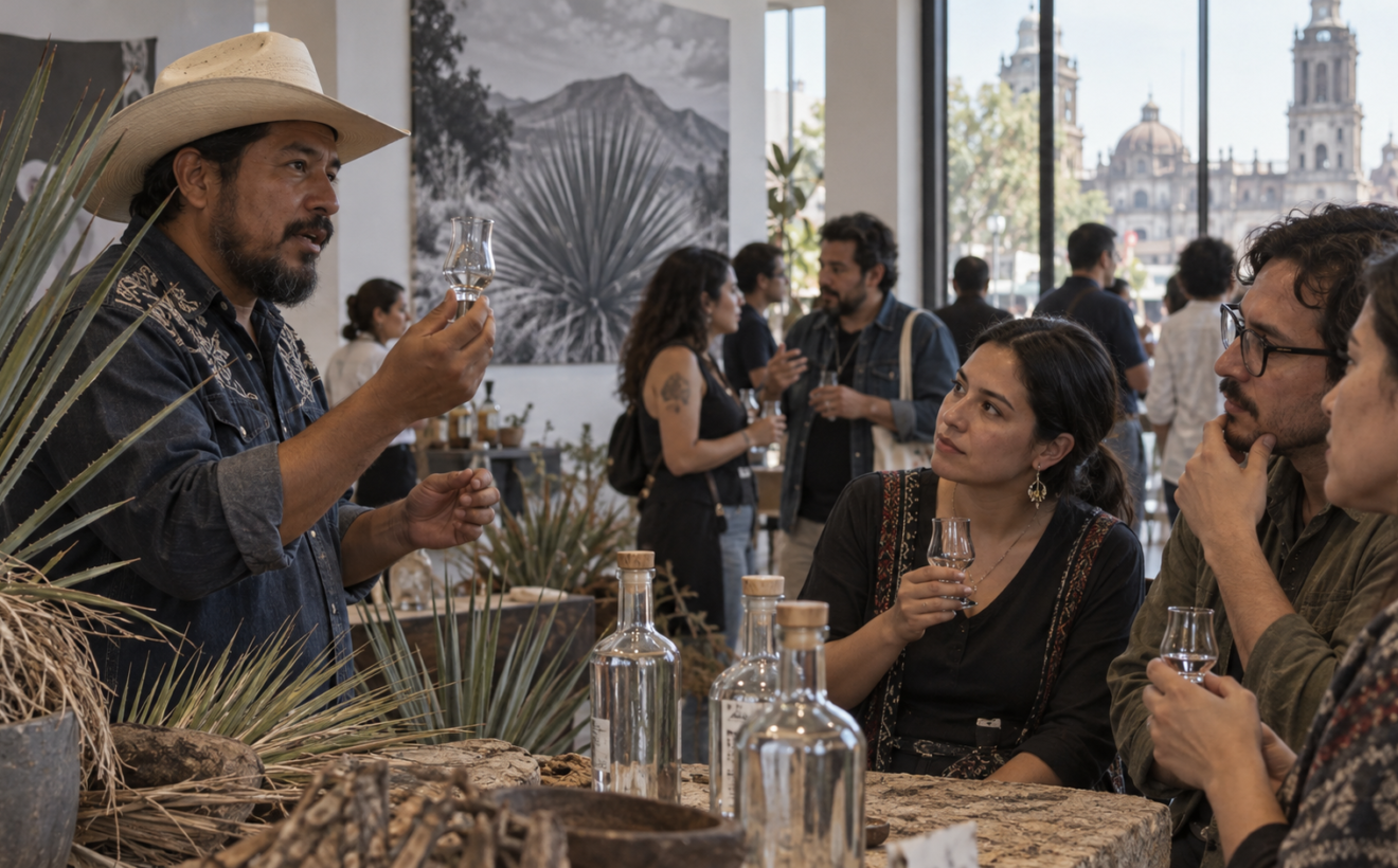 Productora explica una muestra de sotol ante visitantes durante una cata en un foro comunitario.