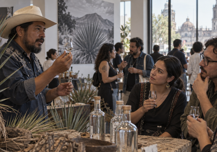 Productora explica una muestra de sotol ante visitantes durante una cata en un foro comunitario.